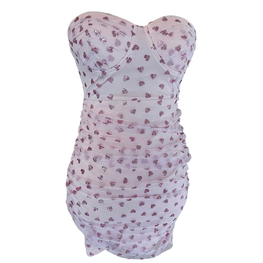 superdown Fifi Mesh Mini Dress – Pink Glitter Heart Ruched Bodycon